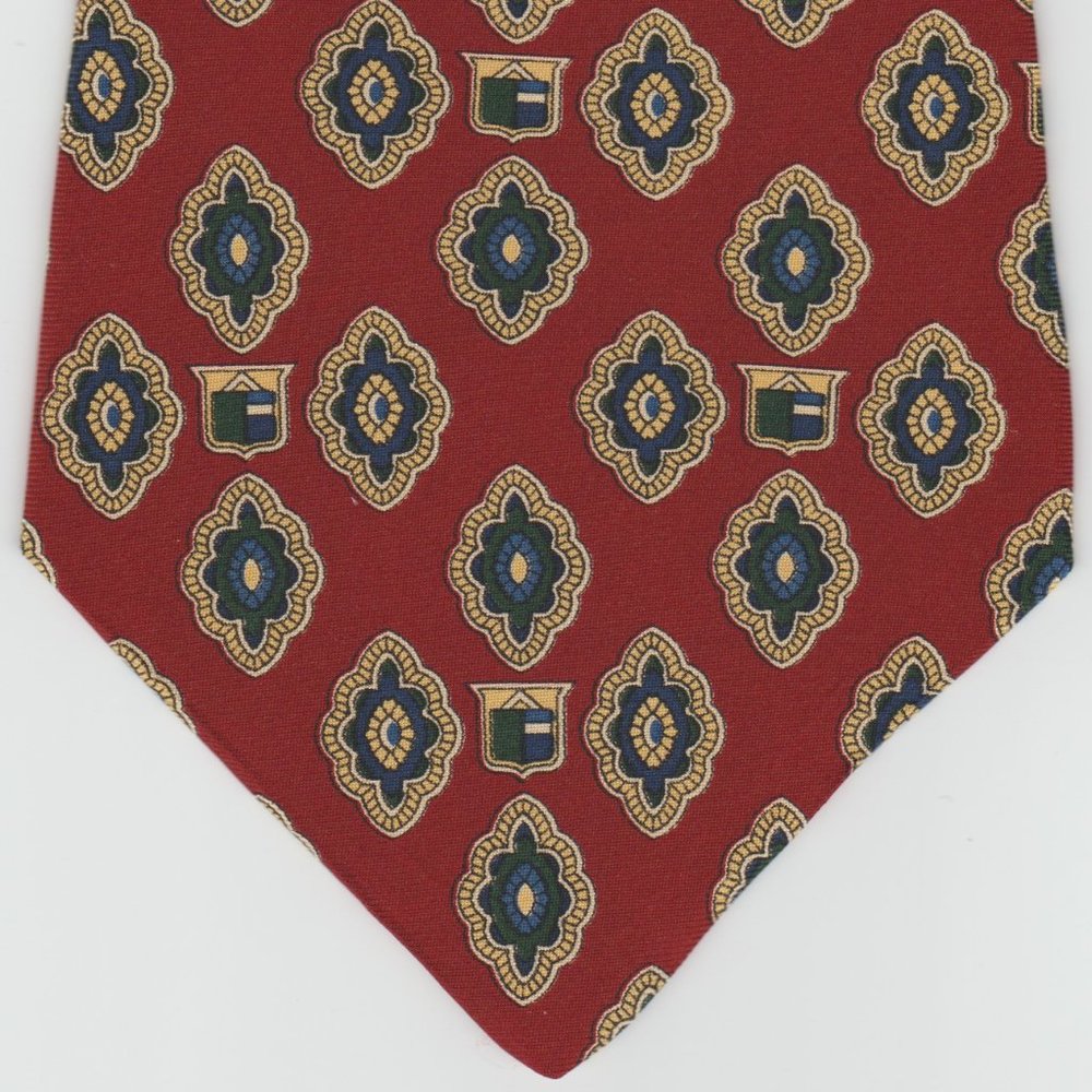 TOMMY HILFIGER - 100% SILK - MAROON WITH GREEN & TAN & BLUE ACCENTS